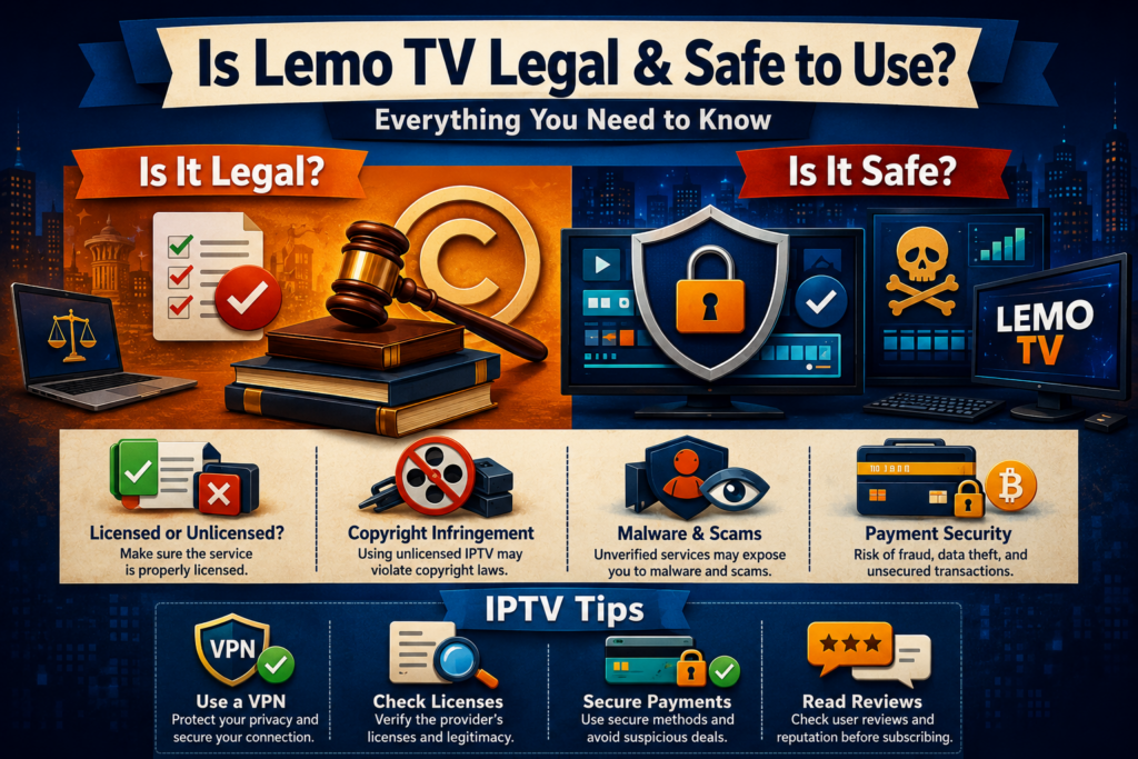 Is Lemo TV legal and safe to use explained with IPTV streaming concept on smart devices.