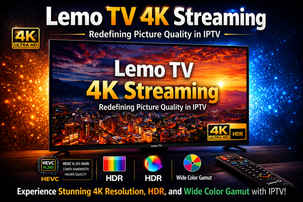 Lemo TV 4K streaming showcasing ultra high-definition IPTV picture quality on smart TV and devices.